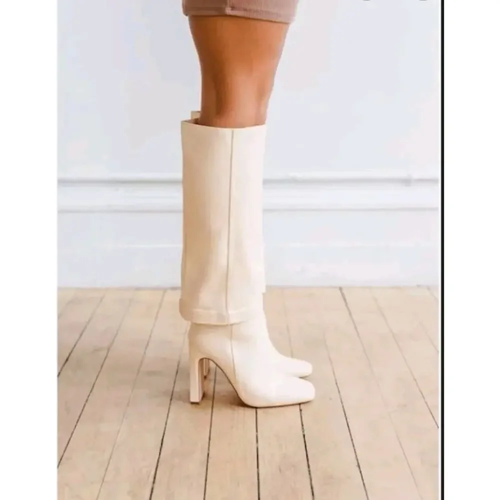 Lulu's Lorlia Women's Almond Square Toe Knee High Fold Over Boots Size 8 Beige - Picture 1 of 9